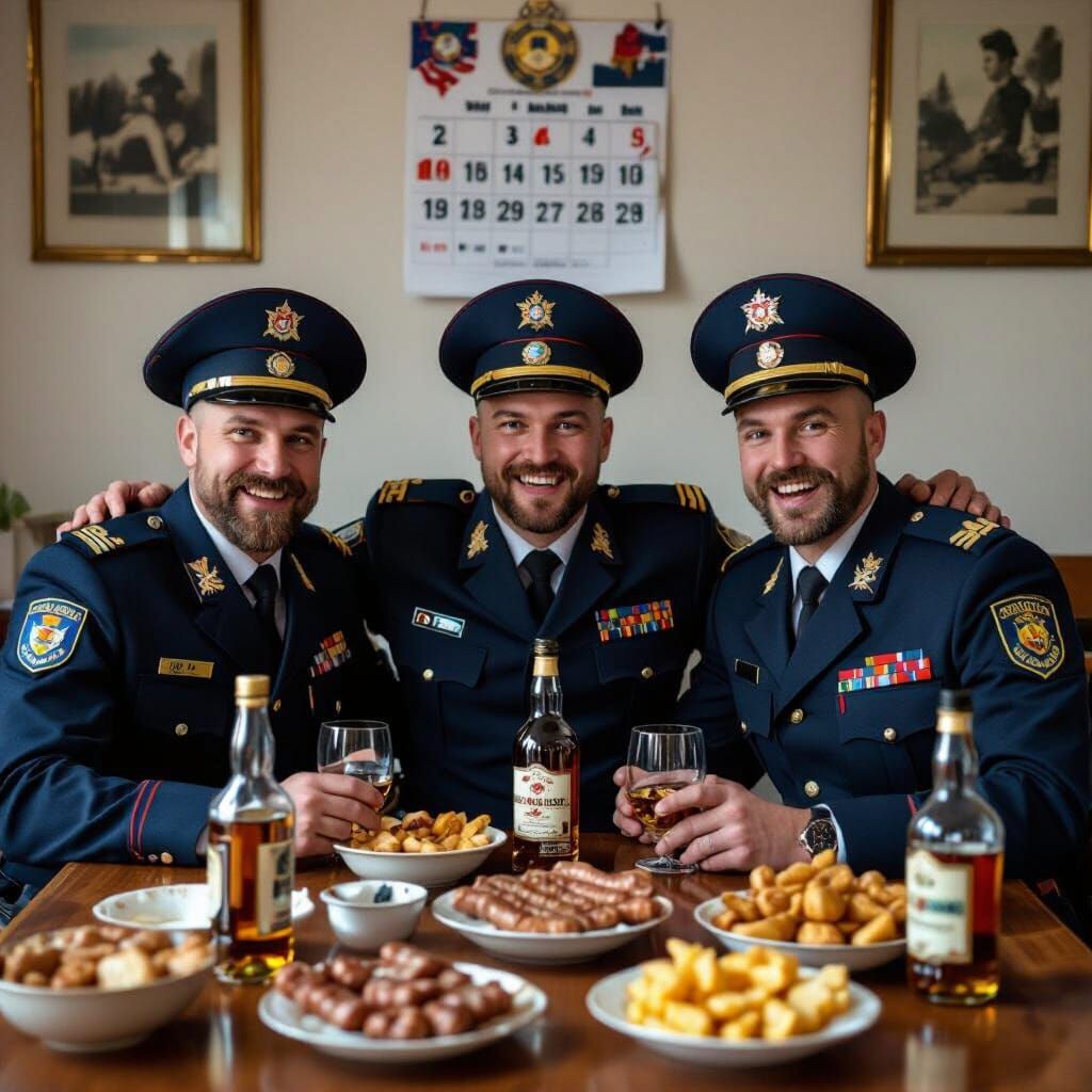 Belarusian Police Officers Celebrate with Whiskey and Shashl...