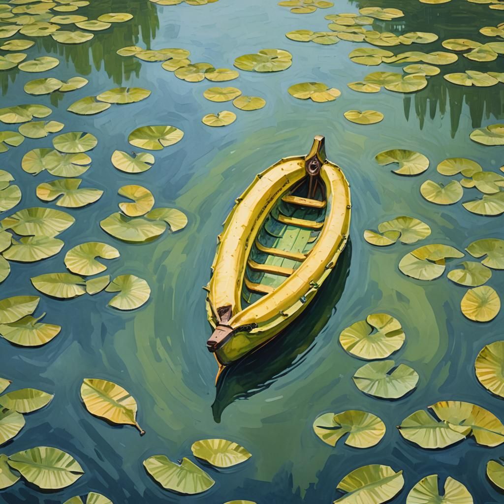 Banana Boat on Lake: Gouache Impressionist Painting