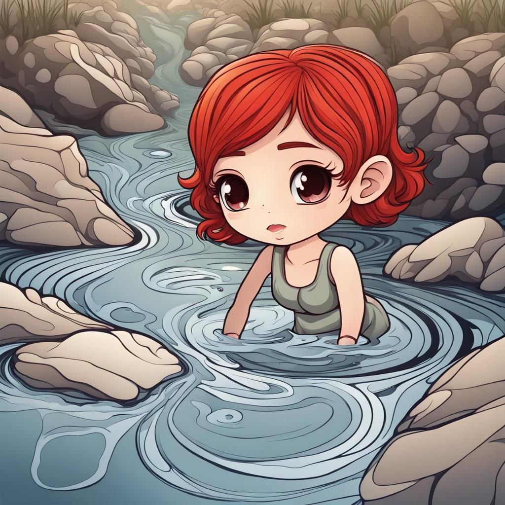Chibi Girl Playing in Stream with Fractal Elements