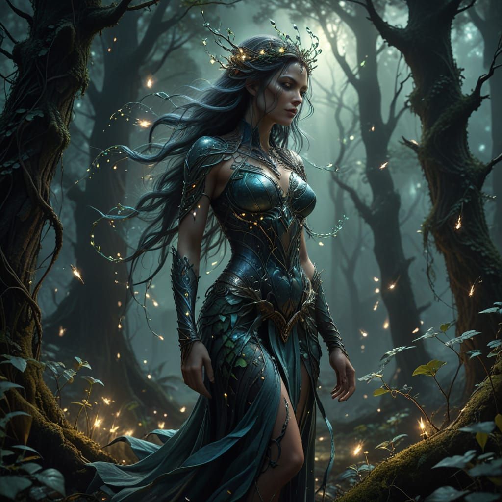 Ethereal Siren Tree-Spirit in Mysterious Dark Forest