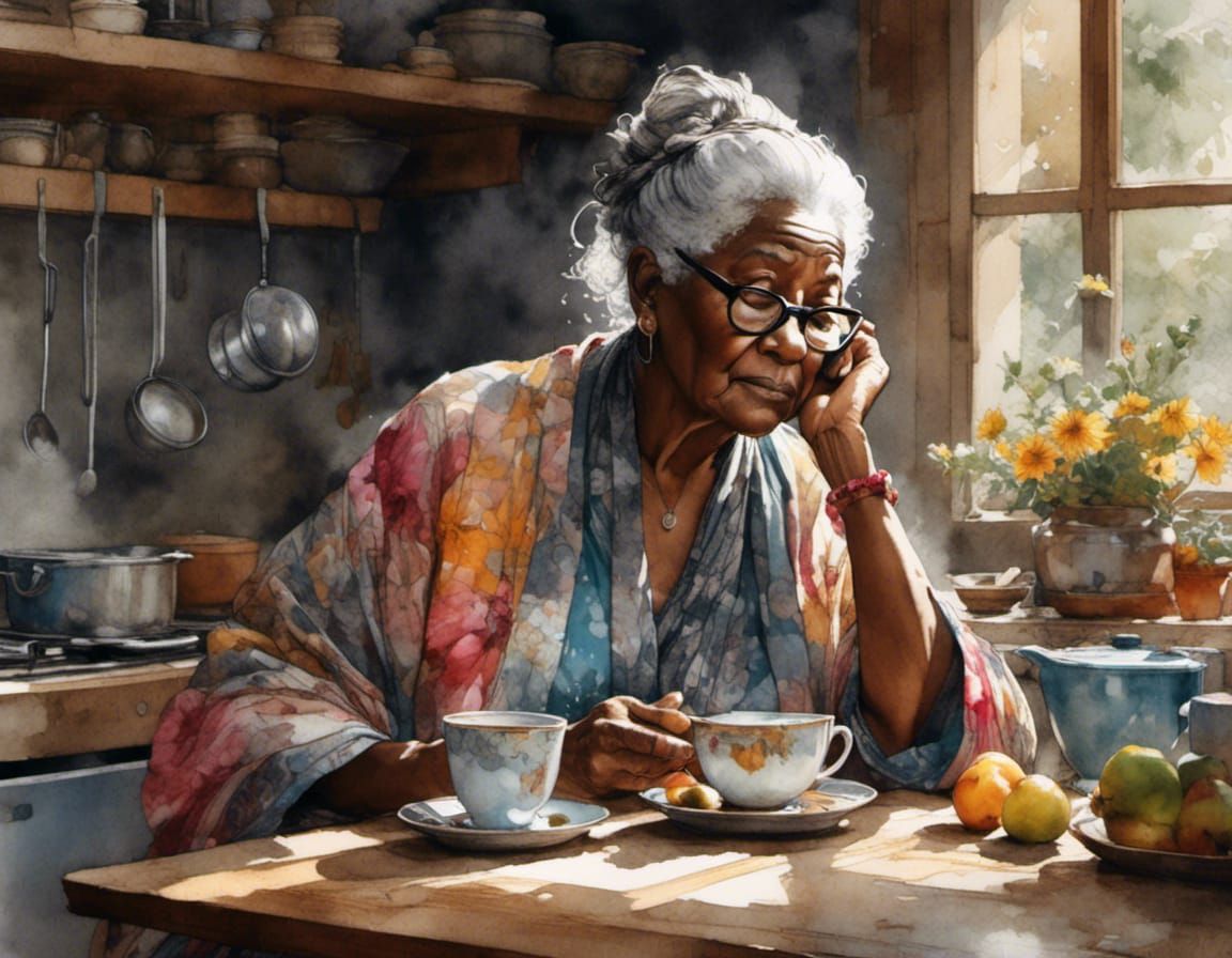 Elderly Woman Drinking Coffee: Hyperrealistic Splash Art