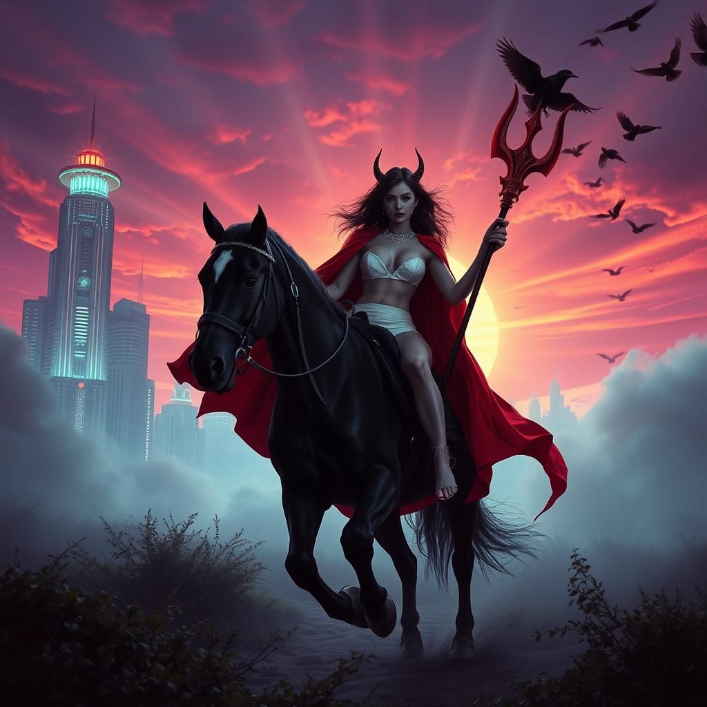 Superbe cheval noir chevauché par une Séductrice Jeune diabl...