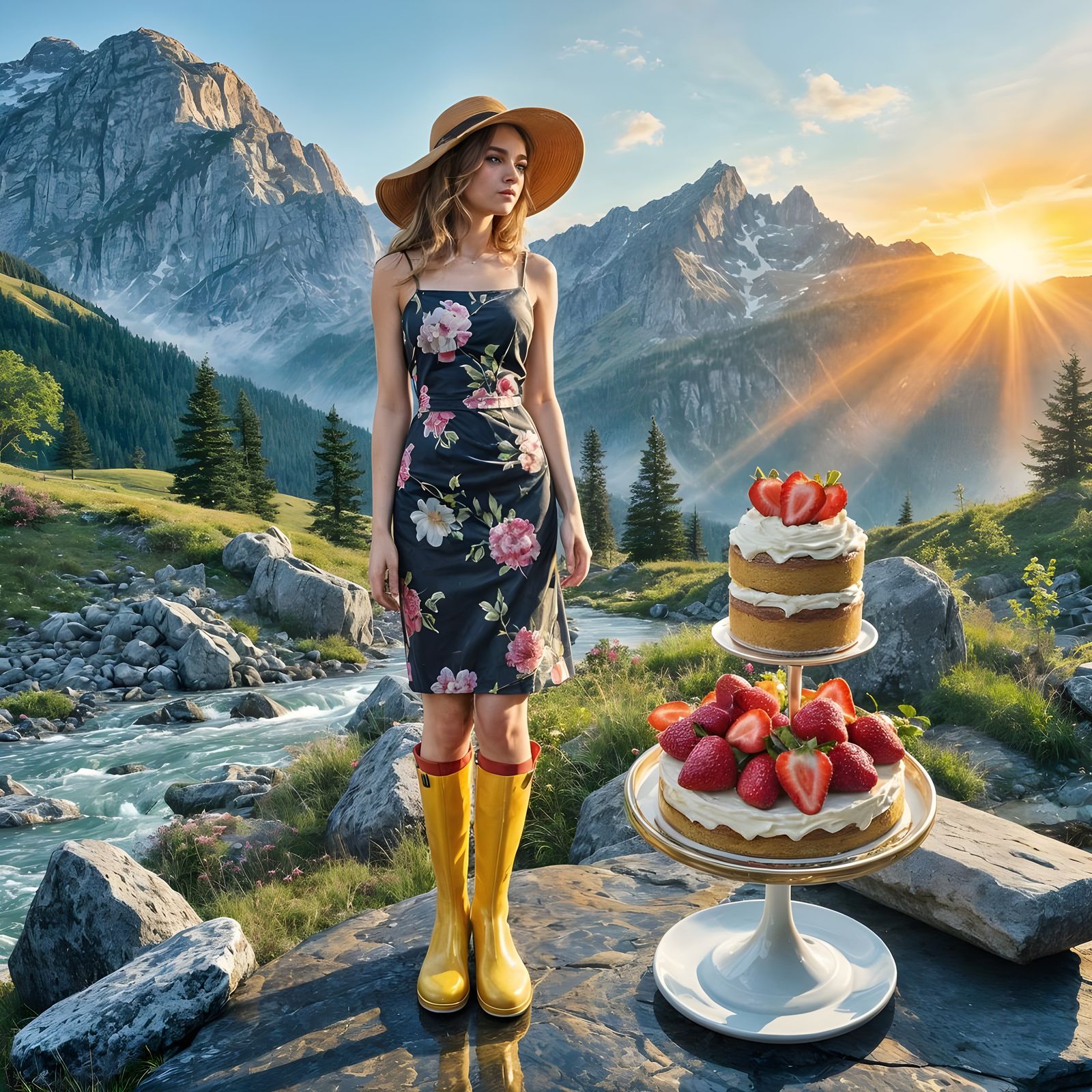 Cake Portrait in Swiss Alps, Gouache Impressionism