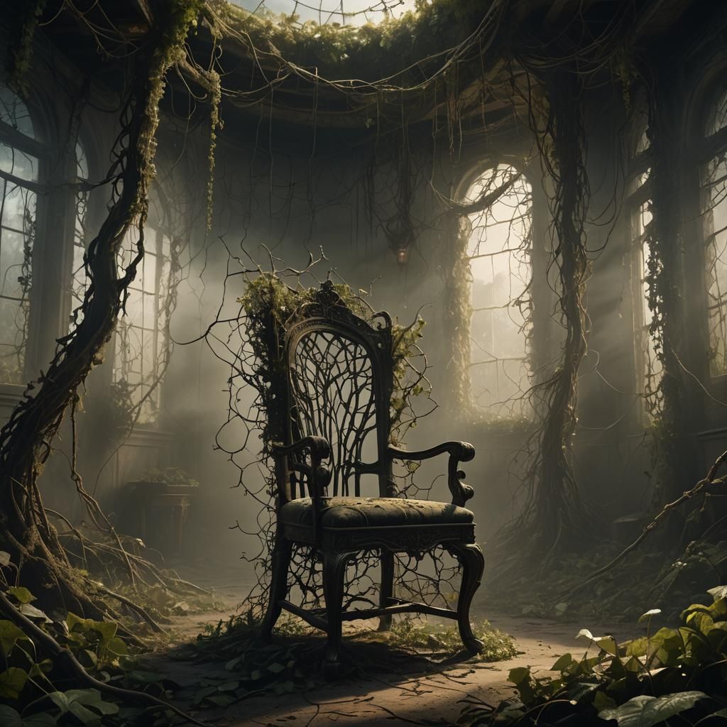 Empty Chair in Overgrown Room: Dark Fantasy Art