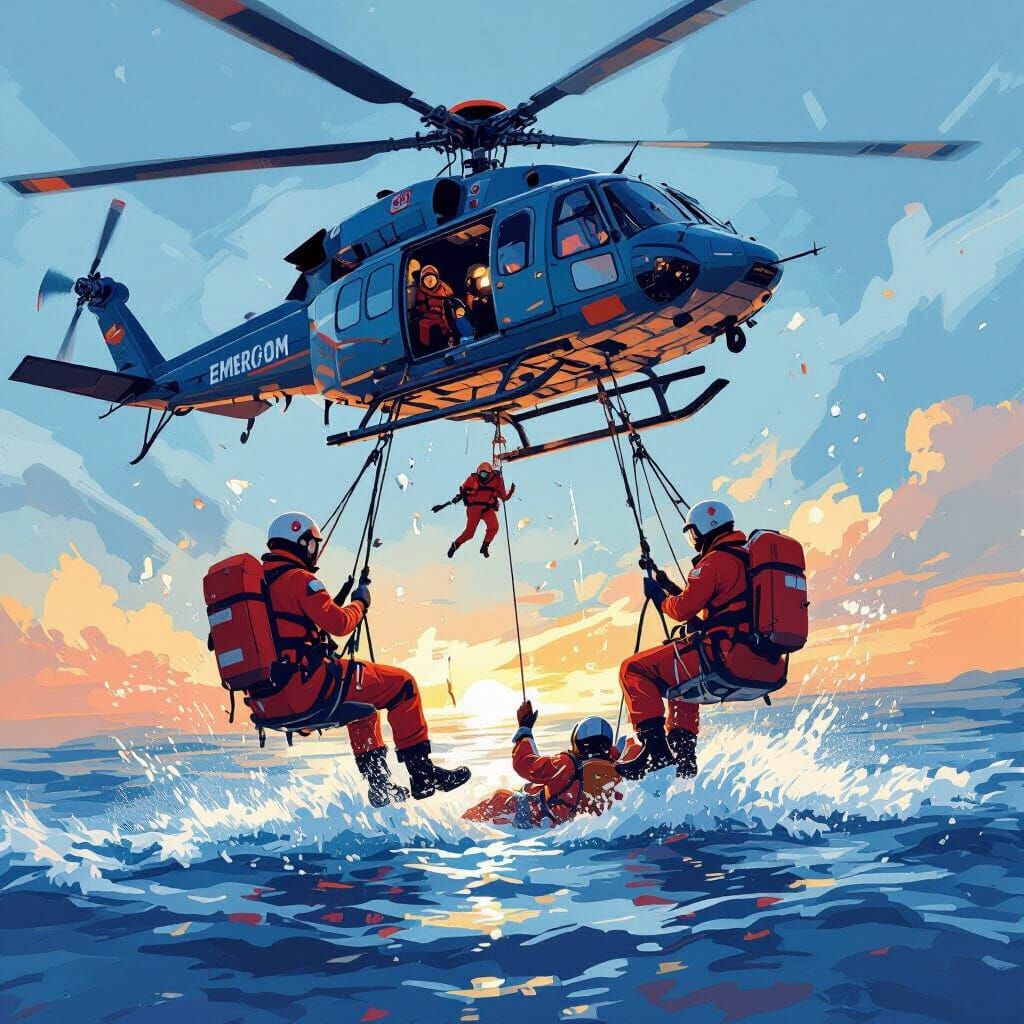 EMERCOM Rescuers in Dramatic Water Rescue Illustration