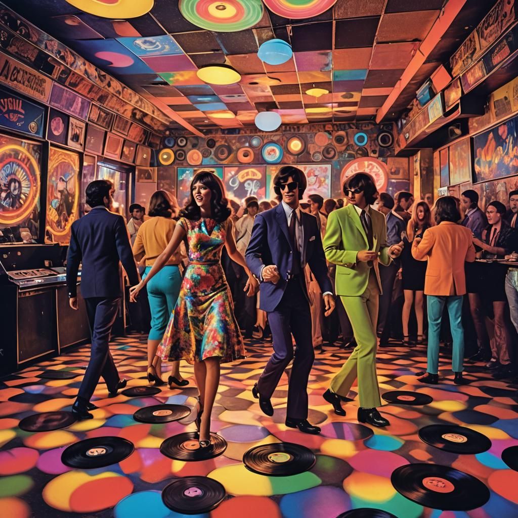 Vibrant image capturing the groovy 60's, focus on disco dance floor champed by youths in flamboyant attire, spinning vin...
