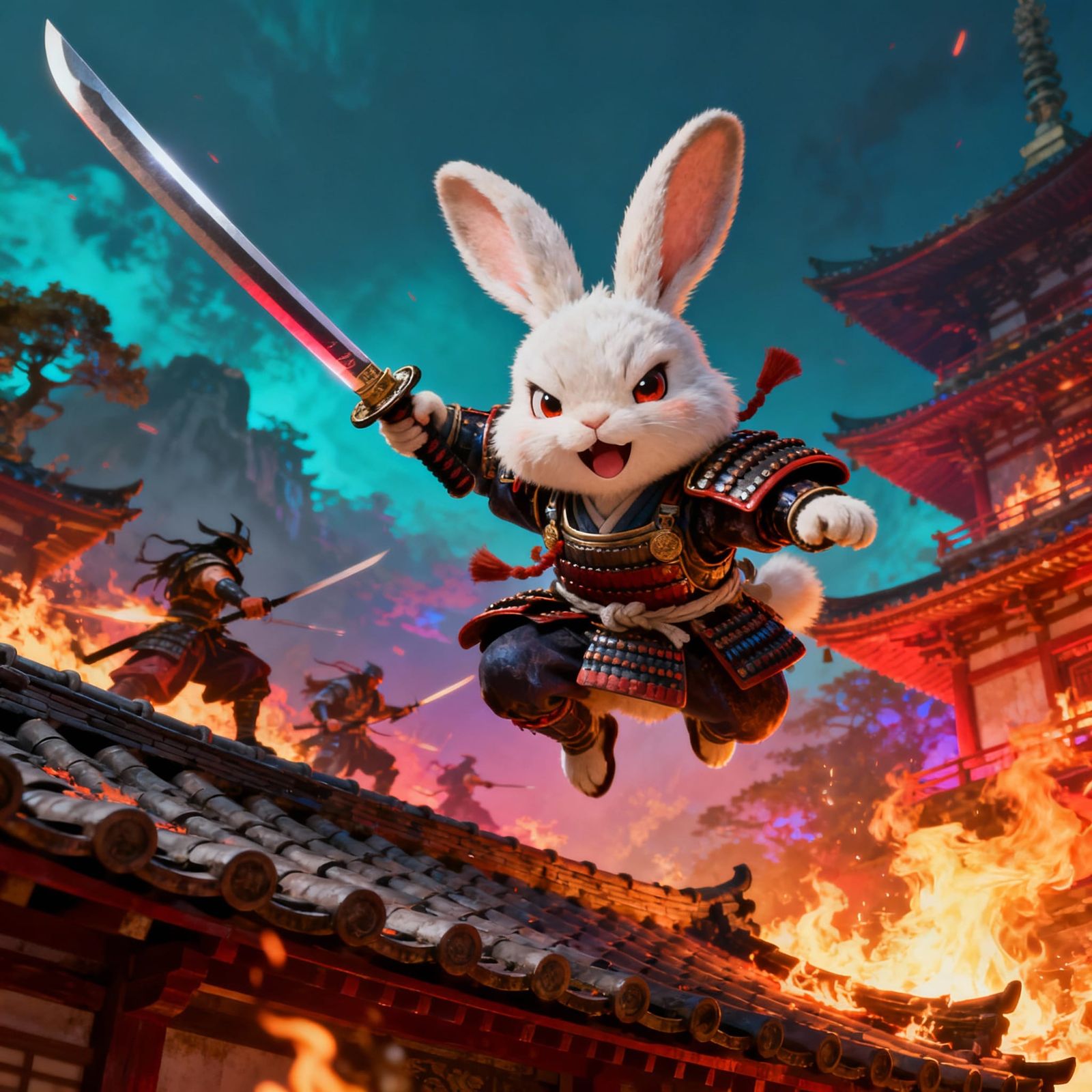 Rabbit Samurai Leaps from Burning Rooftop