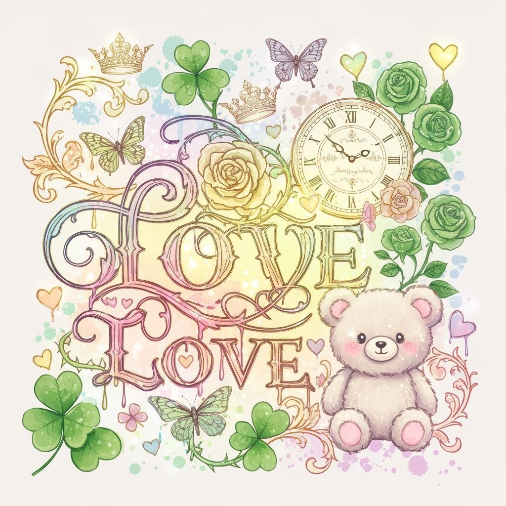 Kawaii Clover Pattern with Gothic Roses and Teddy Bear