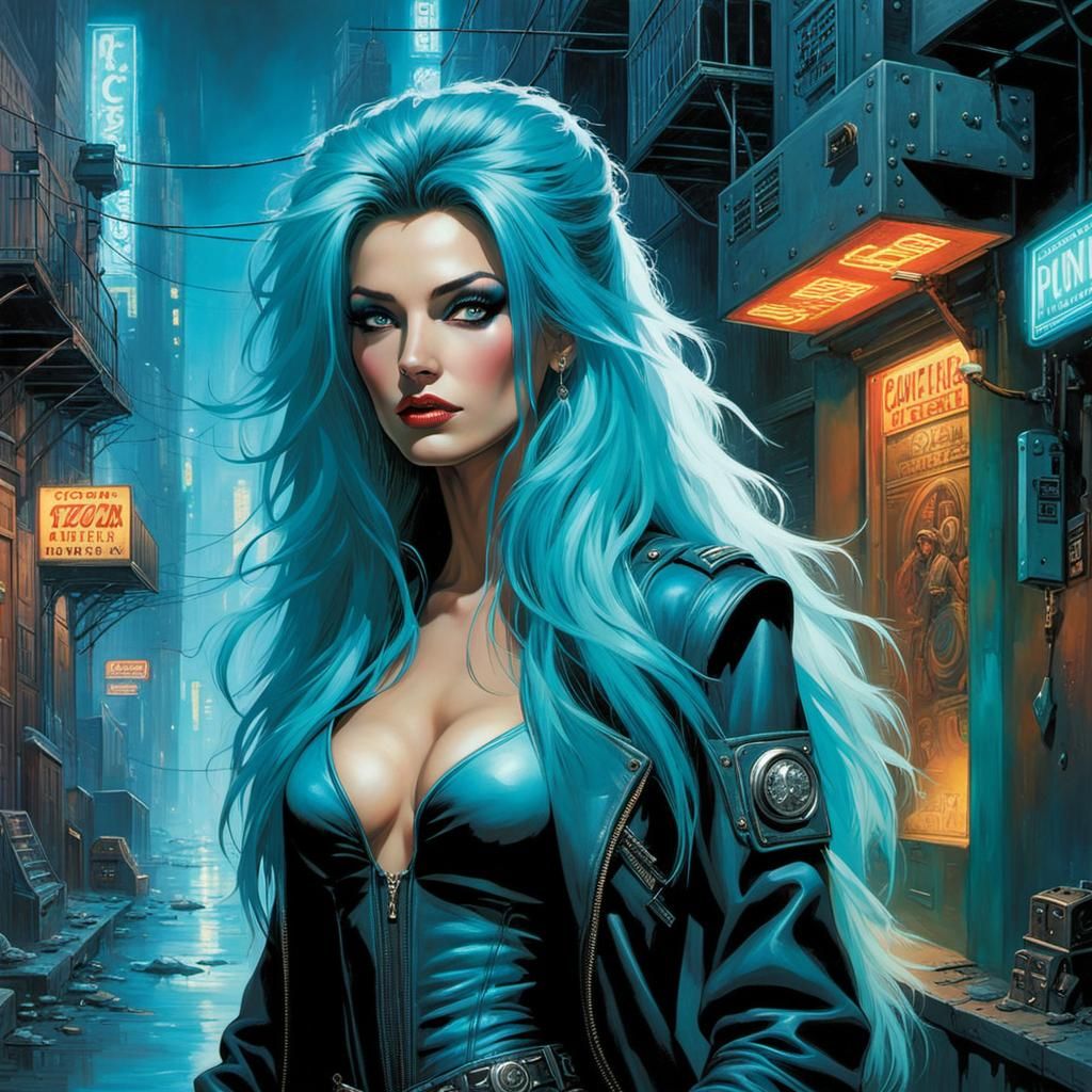Mysterious Cyan-Haired Girl in Cyberpunk Alleyway