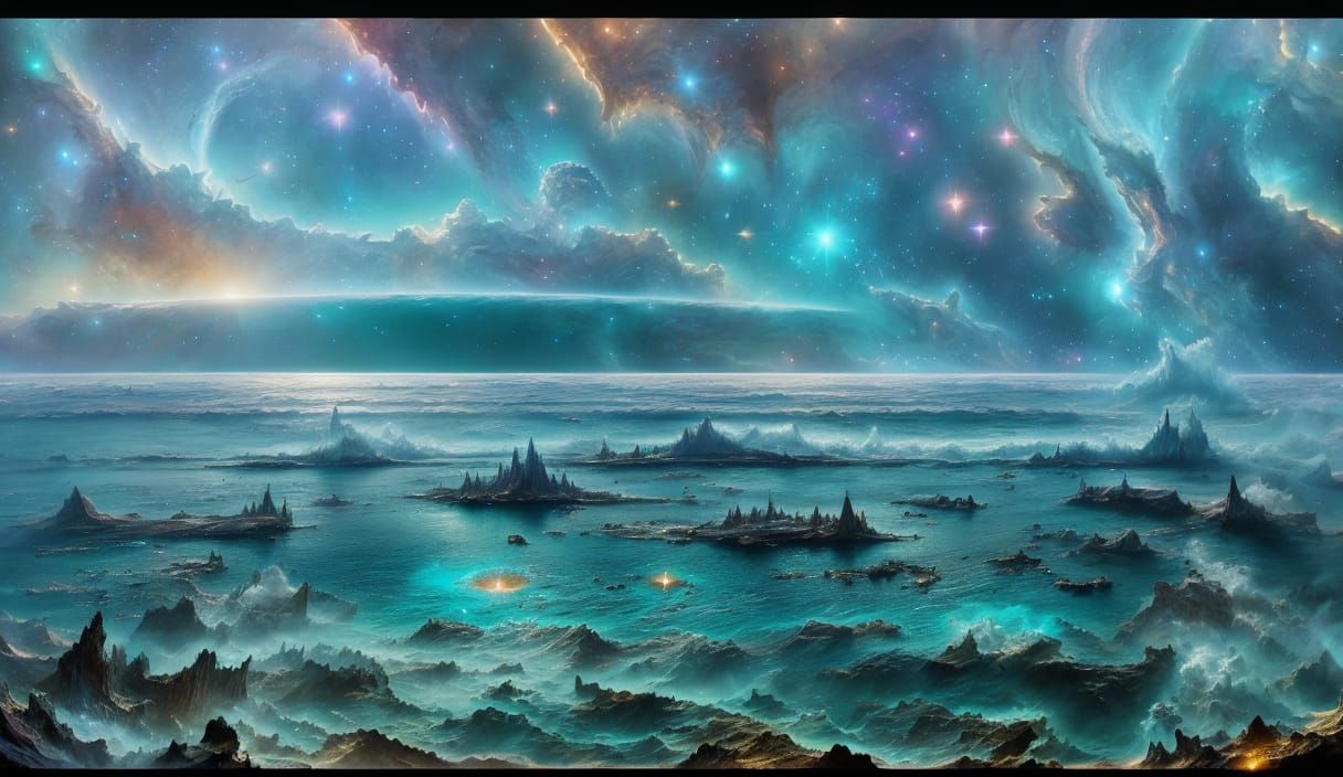 Cosmic Landscape with Nebula Clouds and Planets