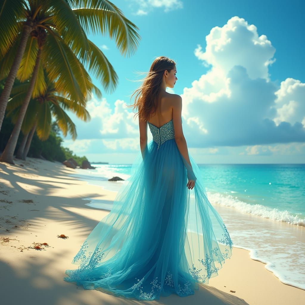 Woman in Blue Gown on Sun-Kissed Beach