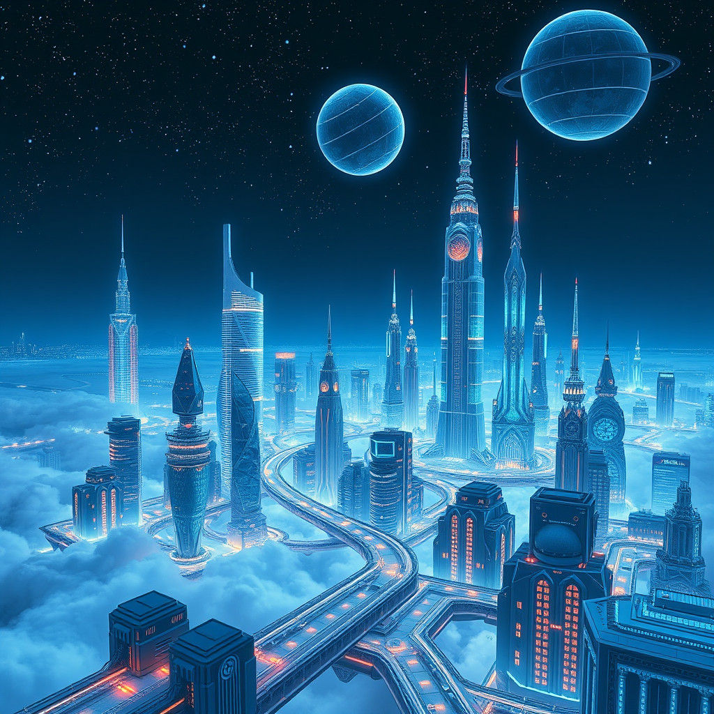 Futuristic Metropolis Above Clouds in Cyberpunk Style