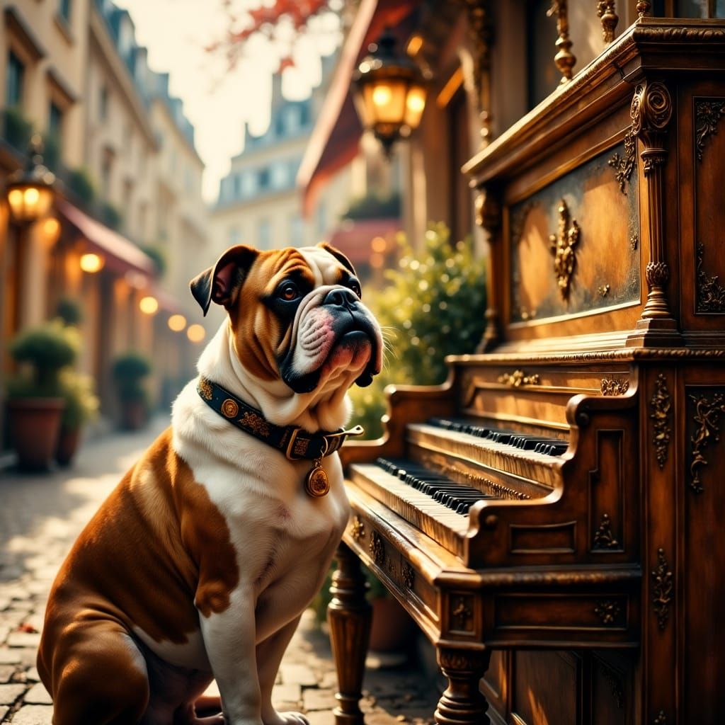 Bulldog Listens to Barrel Organ Music in Paris