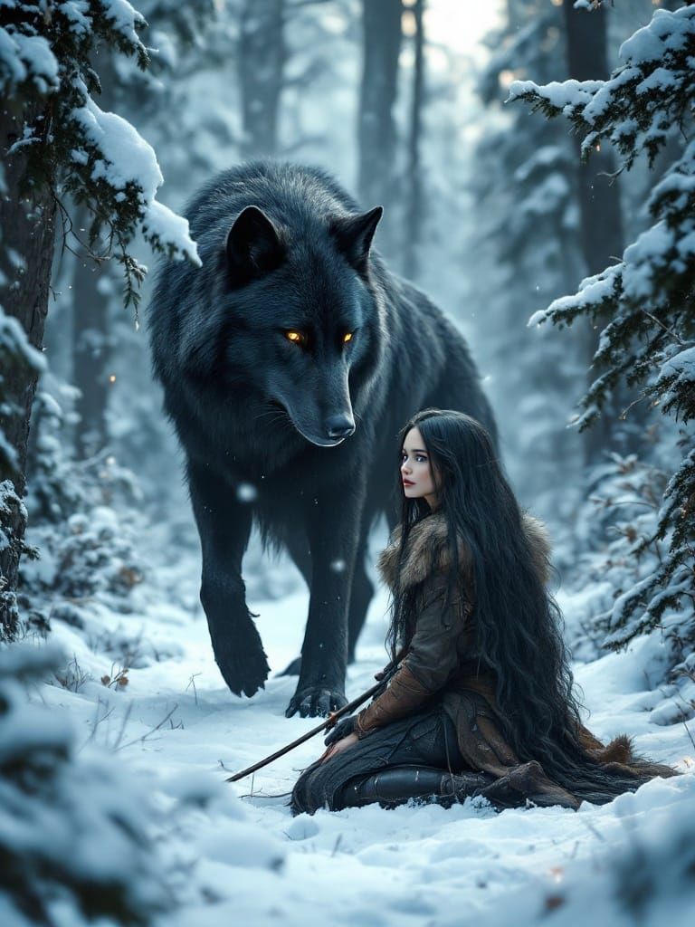 Wolf Goddess in Snowy Forest, Intense Blue Eyes
