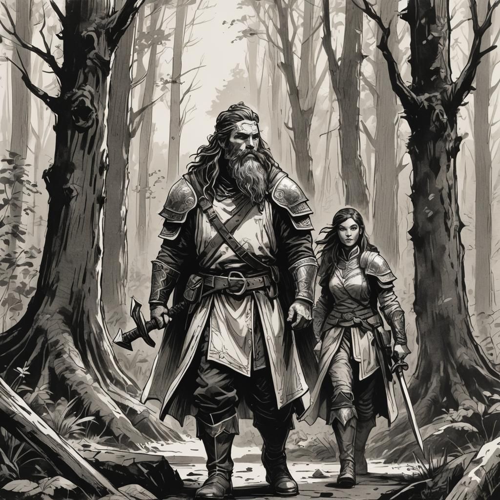 Fantasy Party Roams Forest, Ink Sketch