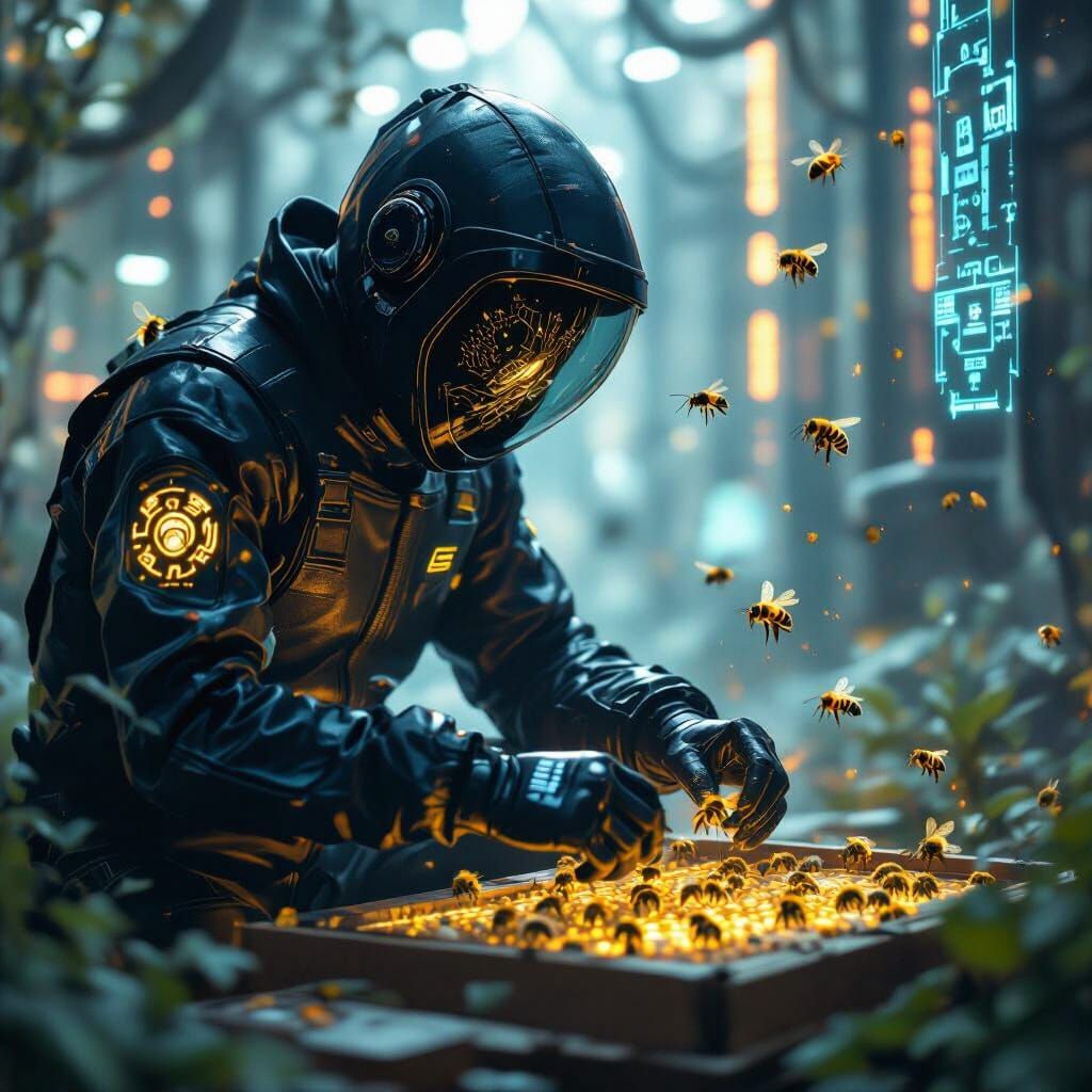 Cyberpunk Beekeeper Tending Modified Bees