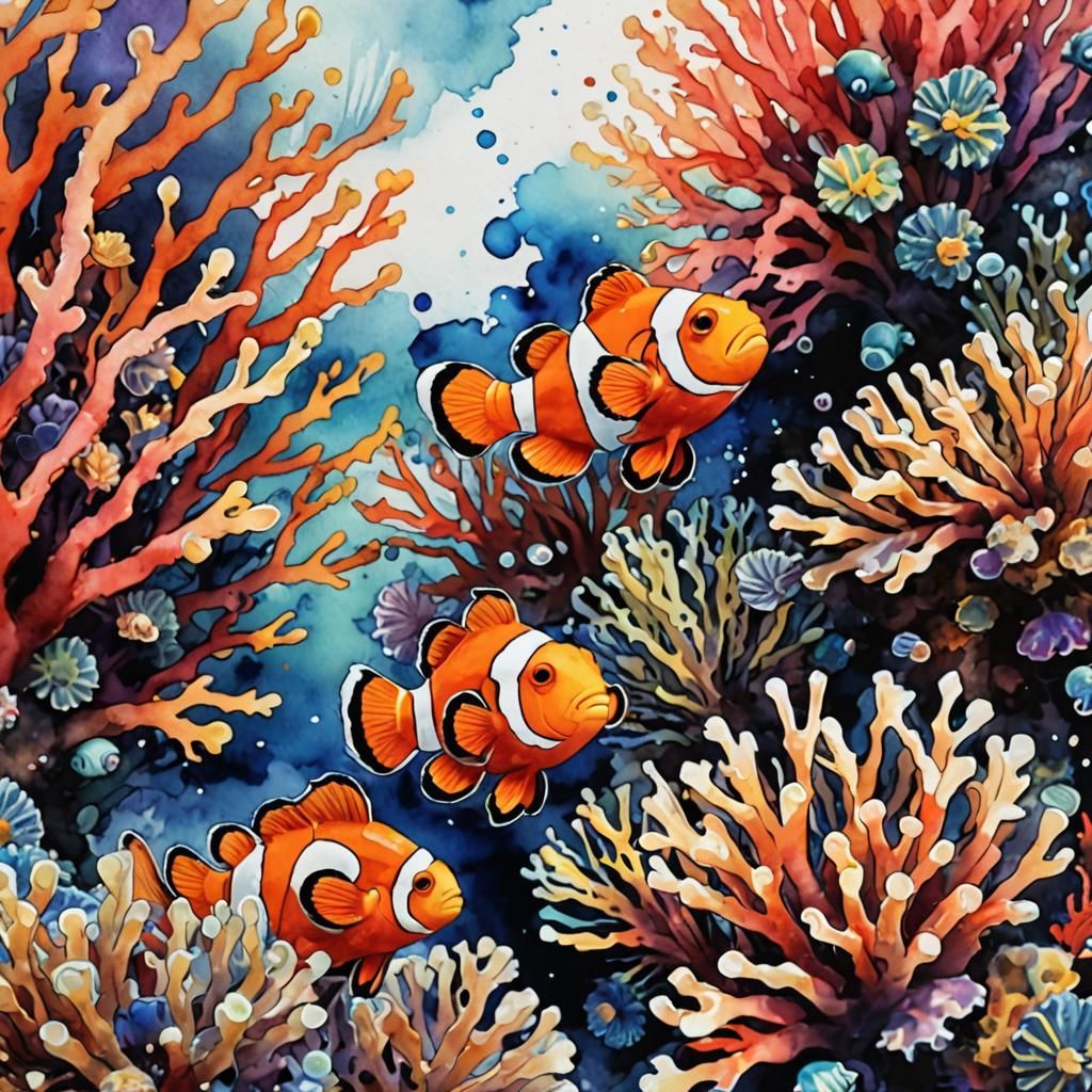 Vibrant Clownfish in Colorful Coral Reef: Watercolor Art