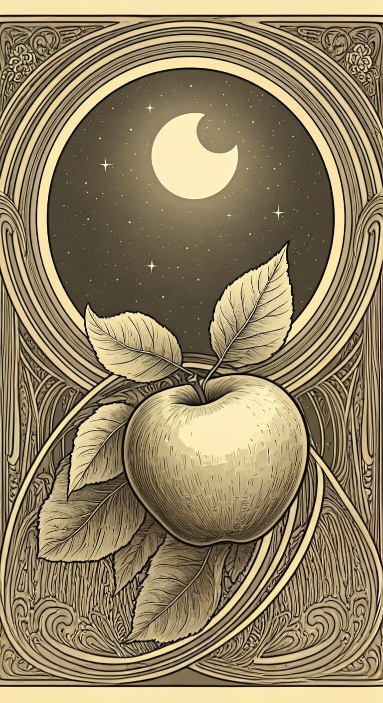 Surreal Art Nouveau Apple Blossoms under Crescent Moon