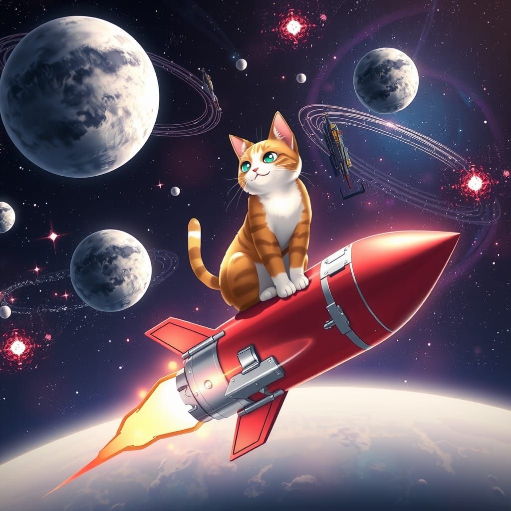 Cat Astronaut Soaring Through Space: 3D Anime Art