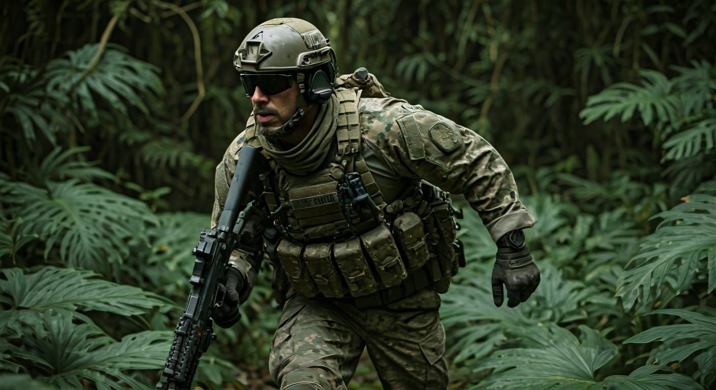 Futuristic Soldier in Jungle Landscape