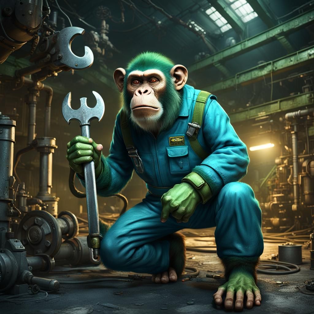 Steampunk Monkey Mechanic in Fantasy Laboratory