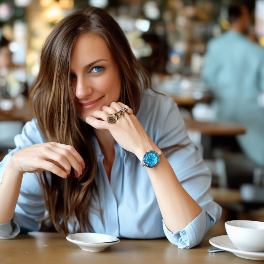 Smiling Woman at Cafe Table