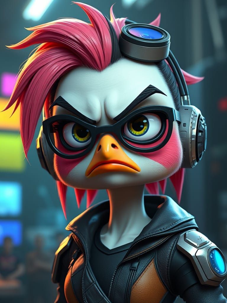Grumpy Cyberpunk Character in 3D Pixar Style