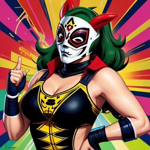 Cartoon Pin-Up Girl with Lucha Libre Mask