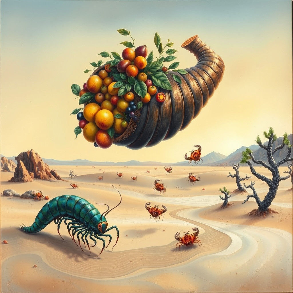 Surreal Desert Scene with Floating Cornucopia