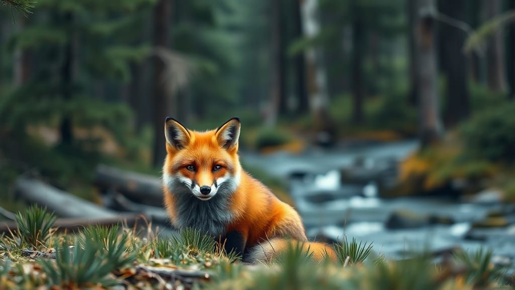 Smiling Fox in Pine Forest, Hyperrealistic 8K