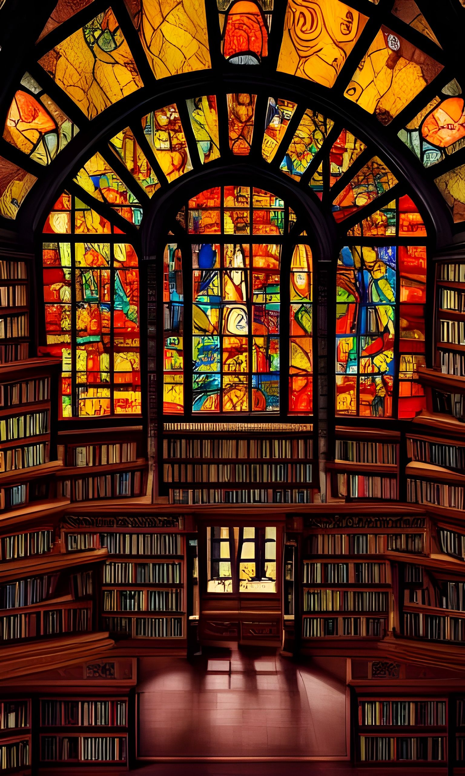 Stained Glass Library Interior in Photorealistic Style