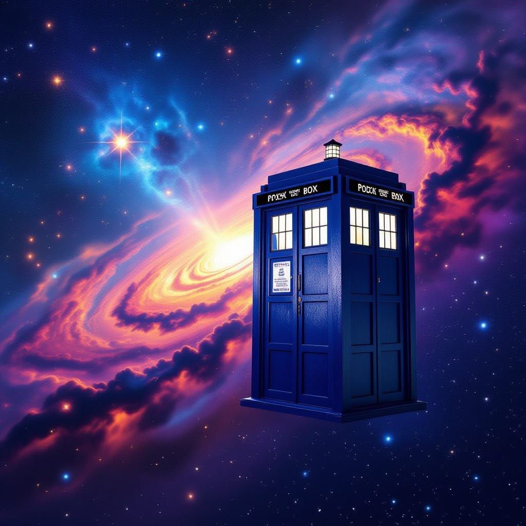 Doctor Who's TARDIS Traveling Through a Cosmic Galaxy