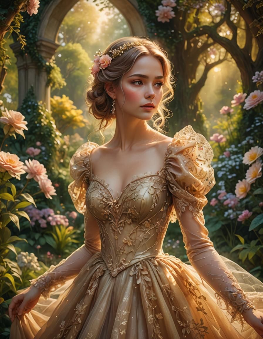 Elegant Woman in Whimsical Garden: Surreal Digital Painting