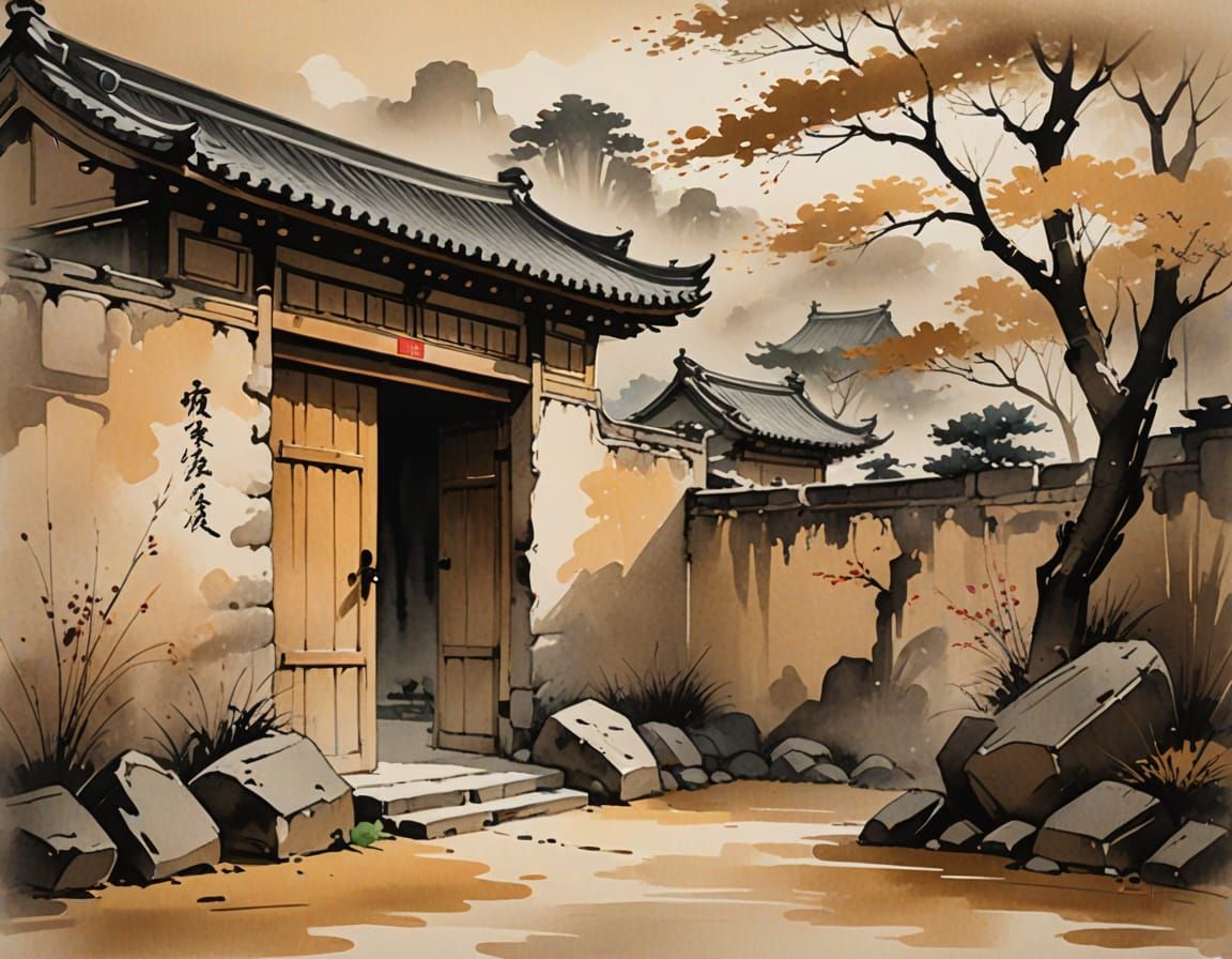 Surreal Landscape with Ancient Stone Entrance in Soft Brush ...