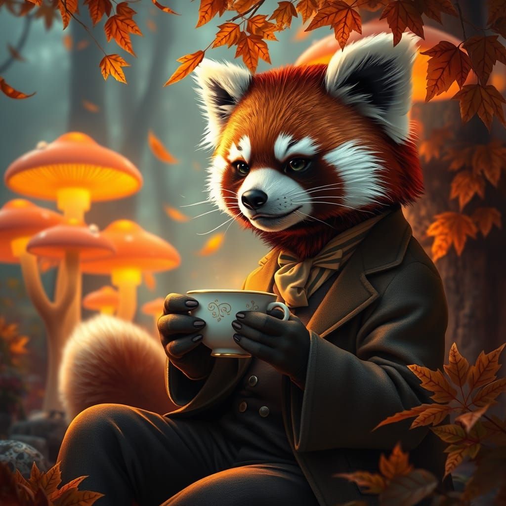 Victorian Red Panda Enjoys Tea in Enchanted Forest