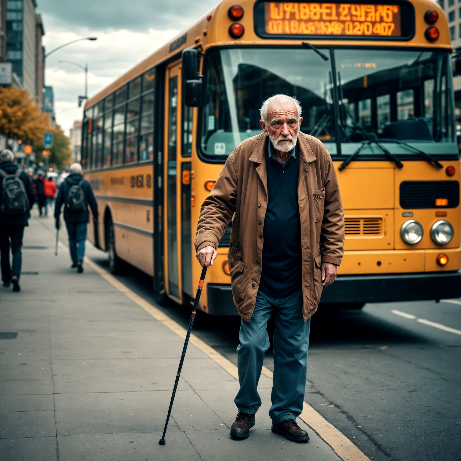 Hyperrealistic Photo of Elderly Man Walking Downtown