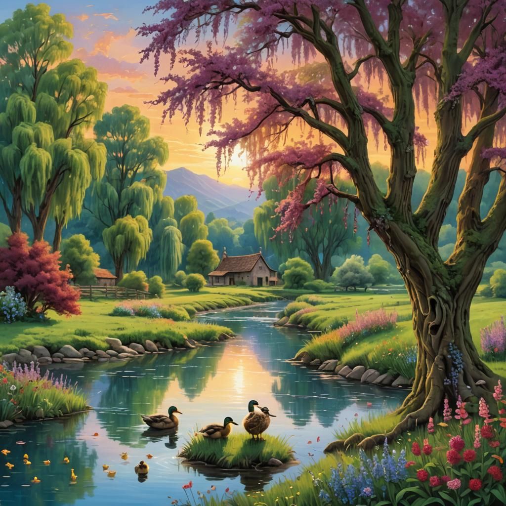 Medieval Farm at Sunset, Dreamy Digital Art