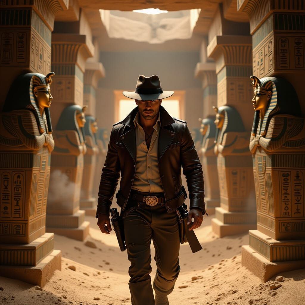 Adventurer in Egyptian Tomb with Chiaroscuro Lighting