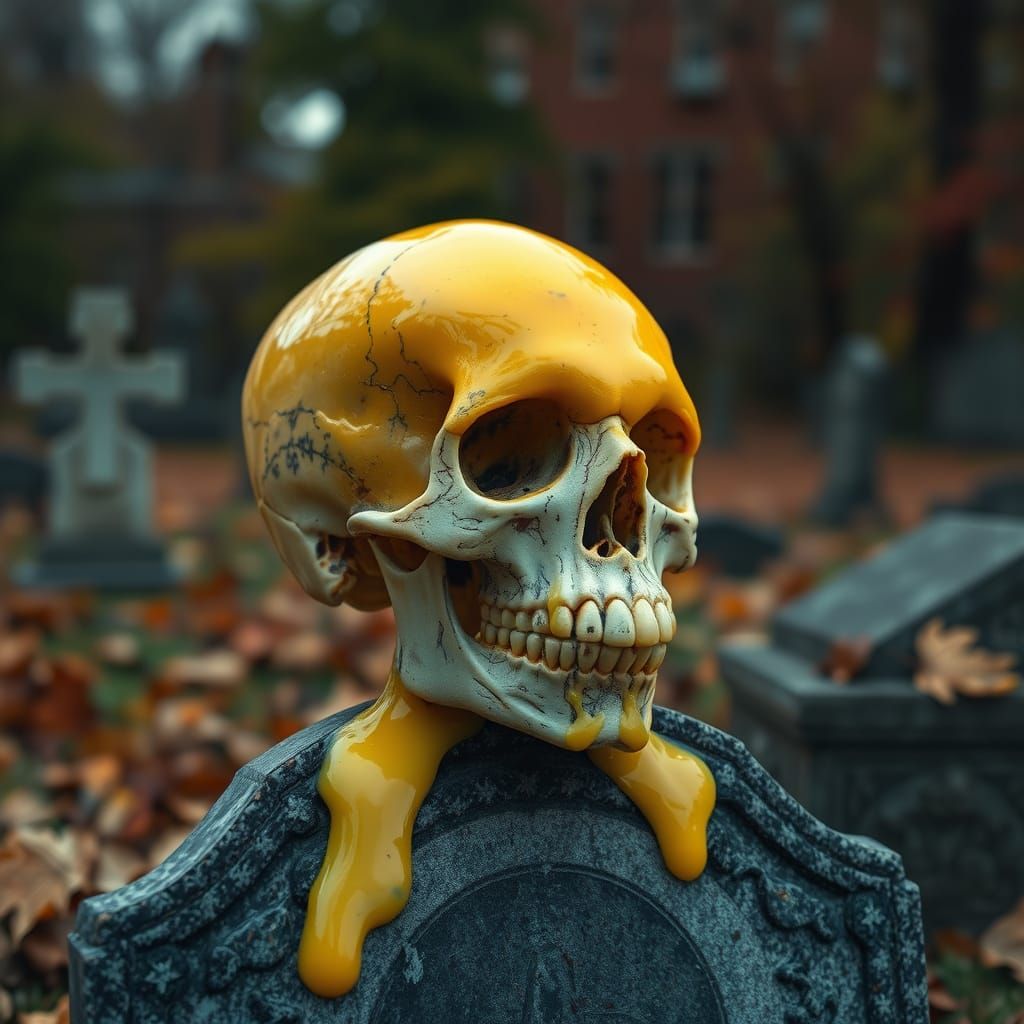 Skull Melting like Cheese in a Fall Cemetery Scene