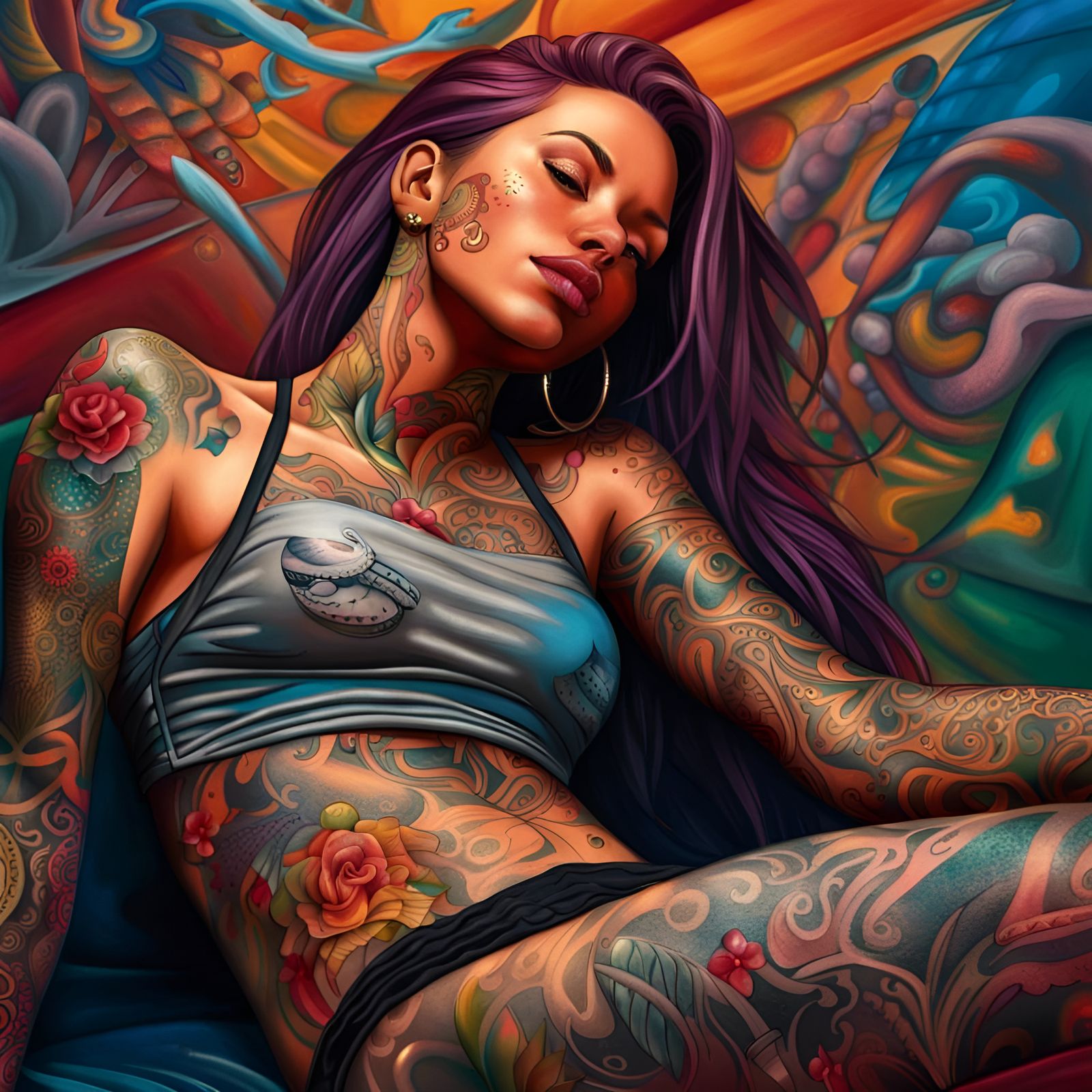 Tattooed Woman in Bikini, Hyperrealistic Splash Art