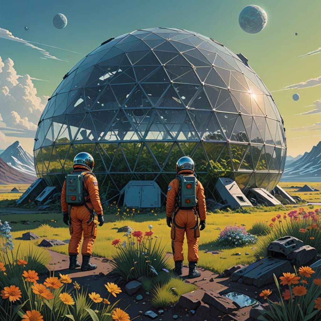 Astronauts Tend Lush Blooms in Futuristic Lunar Dome