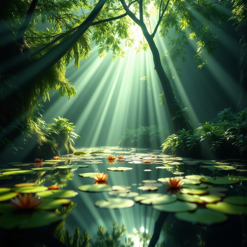 Serene Forest Pond with Water Lilies in Hyperrealistic Style