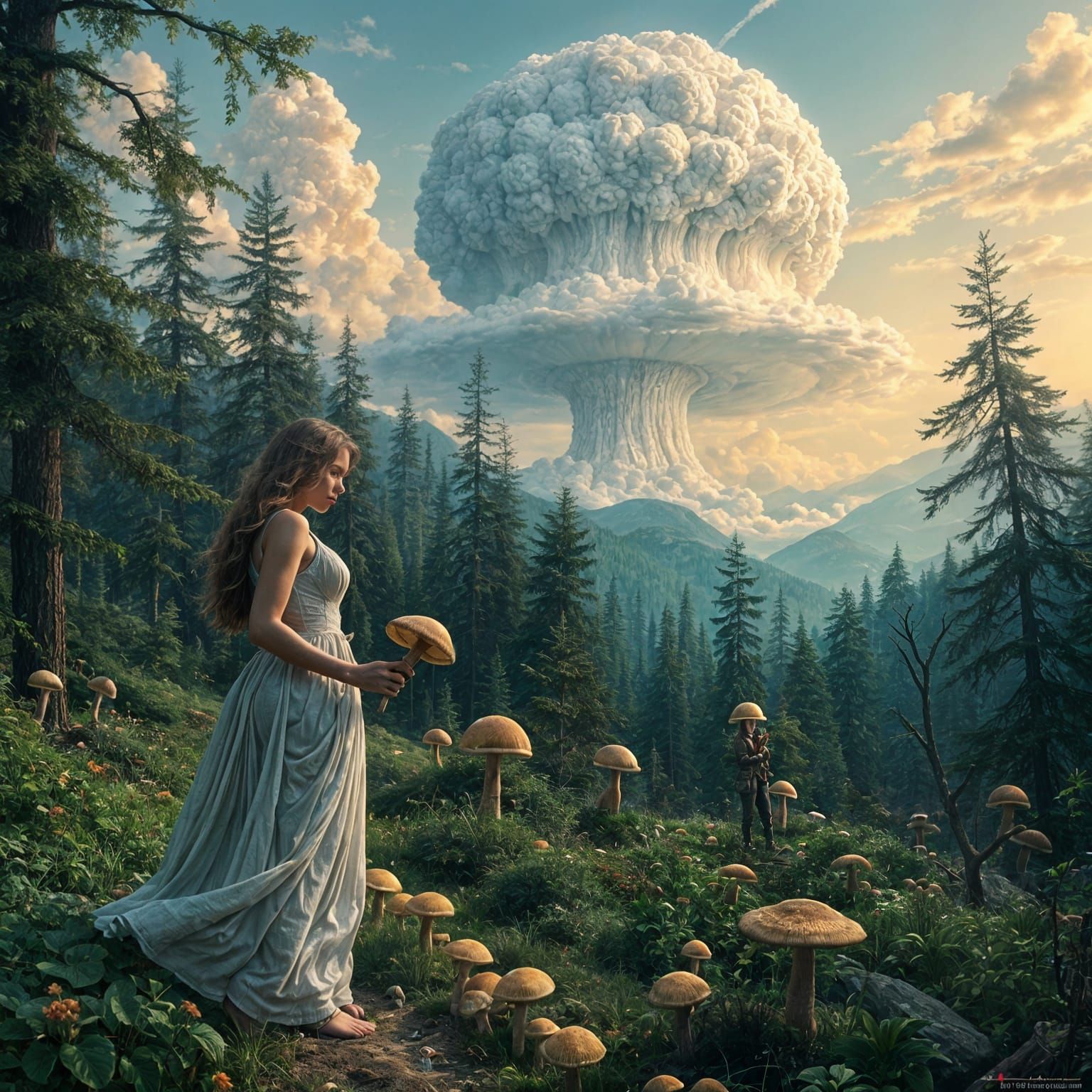Hyperrealistic Woman Foraging Near Nuclear Cloud