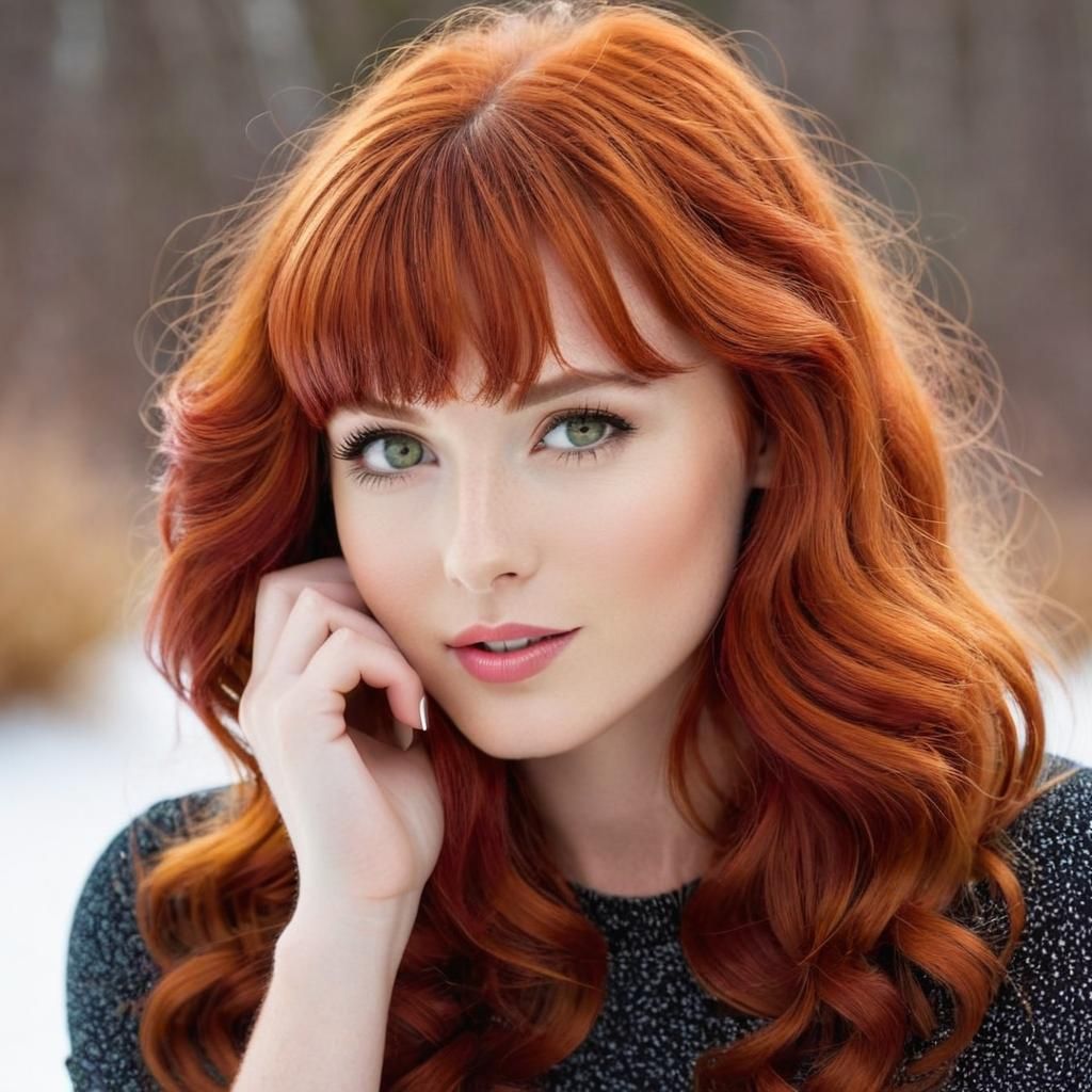 Beautiful Woman with Wavy Red Hair and Bright Eyes
