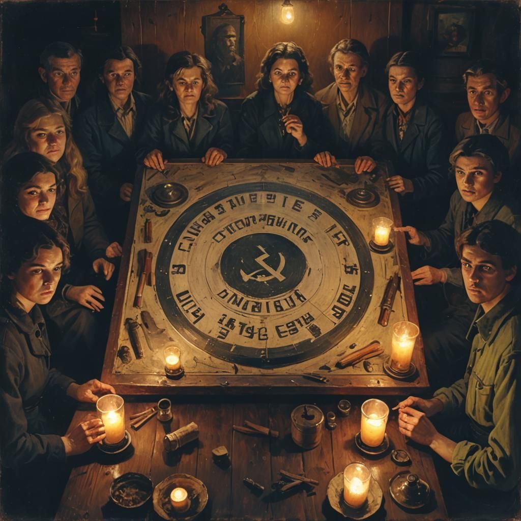 Soviet Gathering Around Witch Board as Oil Painting