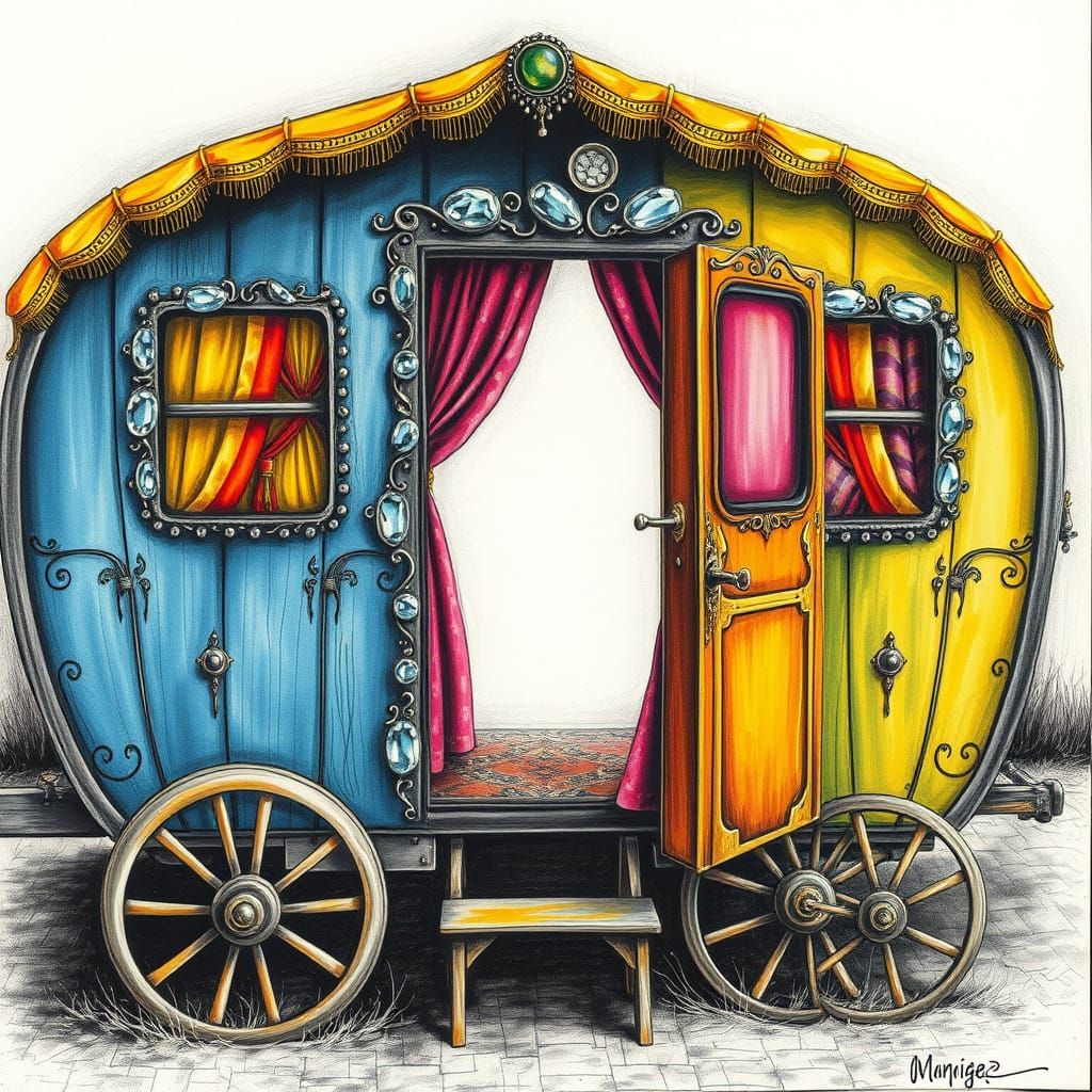 Bright Gypsy Caravan: Hyperdetailed Charcoal Drawing