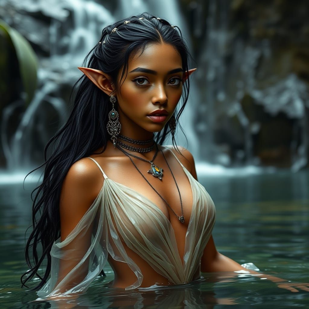 Whimsical Elf Woman Emerging from Lush Waterfall