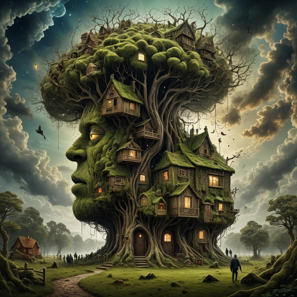 Surreal Forest Village Key Sculpture in Oil