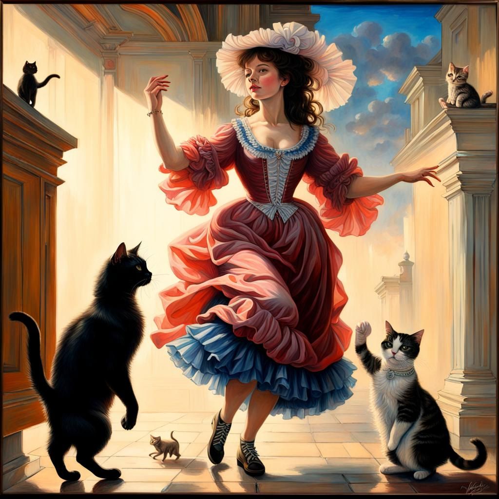 Girl Dancing with Cat Painting in Rococo Style