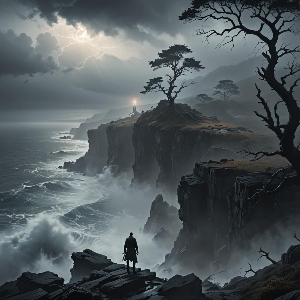 Foggy Cliffside at Night: Cinematic Dark Fantasy